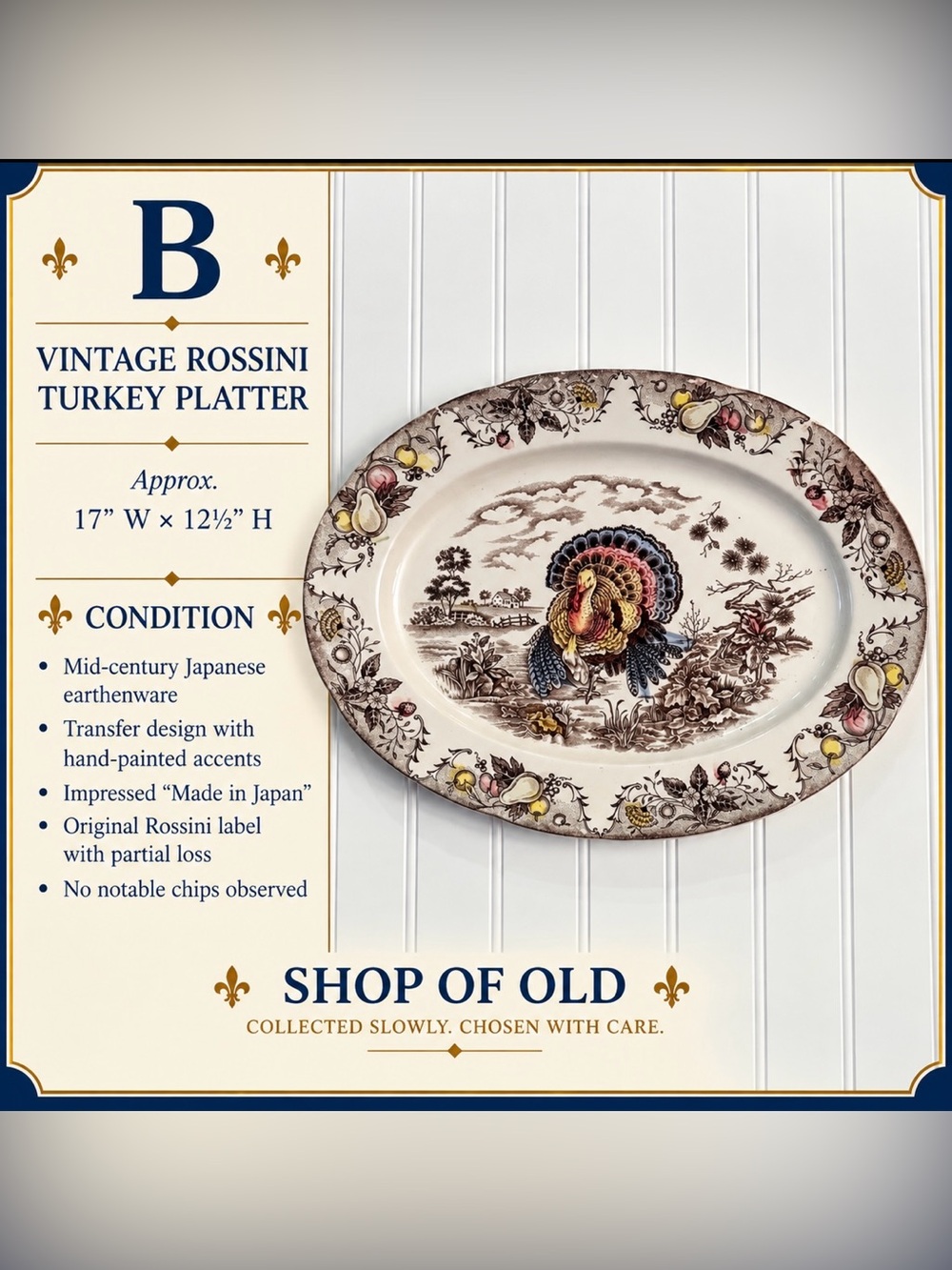 Vintage Rossini Turkey Platter with Hand-Painted Accents | Made in Japan
